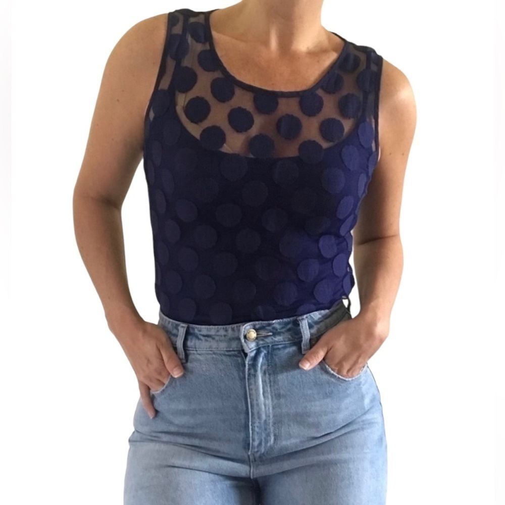Banana Republic retro tank top blouse navy mesh sleeveless polka dot top